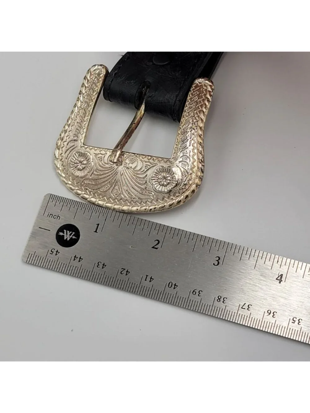 Vtg Western/Cowboy Black Genuine Leather Men's Belt with Silver-Plated Buckle